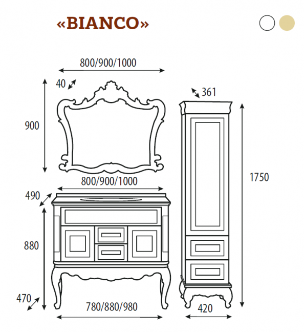Bianco - Пенал 40 белый  сусальное золото прав.